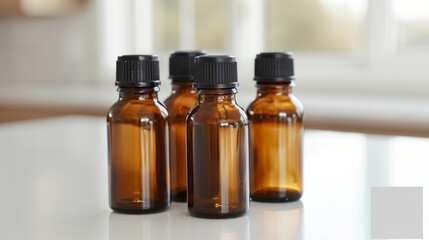 Four amber glass bottles with black caps sit on a white surface, ready to store your liquids or powders safely and securely.