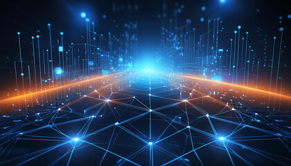 Glowing nodes and lines form a complex network