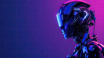 cyborg robot woman in neon blue and violet lighting