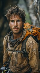 Obraz premium Australian man with mountain climbing gear, looking rugged
