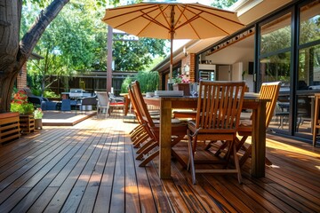 Fototapeta premium Inviting Outdoor Dining Area Lush Garden Backdrop Perfect Al Fresco Dining Spot