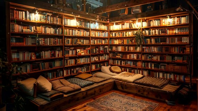 Cozy library corner with cushions and warm lighting, inviting loop video background