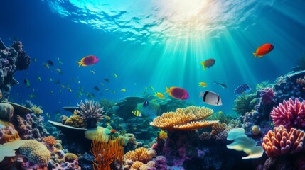 Fototapeta premium Vibrant underwater scene showcasing diverse and colorful fish swimming around beautiful coral reefs, depicting the colorful and serene underwater world.
