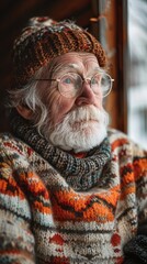 Canadian elderly man with a warm sweater, looking cozy