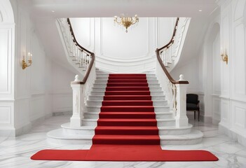 Obraz premium Luxury elegant white marble classy staircase with premium red carpet, empty white marble and stone hallway, columns, statues