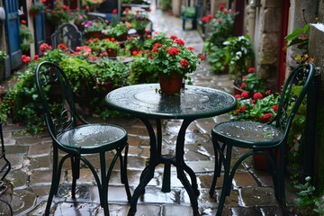 Obraz premium Enchanting Garden Cafe with Blooming Flowers Idyllic Outdoor Dining Spot Quaint Floral Decor