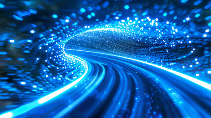 Neon light waves create a sense of movement and speed with vibrant blue sparkles. The background is also blue, making the image a captivating visual illusion.