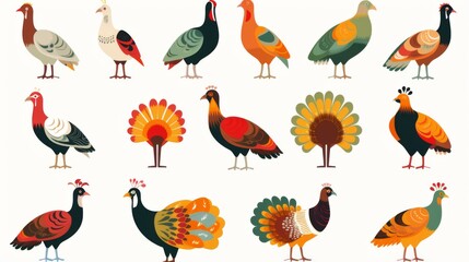 Naklejka premium An array of colorful illustrated birds showcasing various artistic styles and patterns, perfect for nature-themed projects and artistic endeavors. Each bird adds uniqueness and vibrancy.