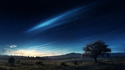 Fototapeta premium A tranquil countryside scene at night, featuring a shooting star and a lone tree under a clear, star-filled sky, evoking a sense of peace and solitude in nature.