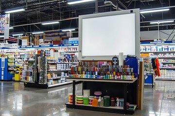 Craft supplies section of a megastore hosts a broad catalyst with a blank display area.