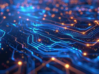 abstract digital circuit board pattern in electric blue intricate pathways form futuristic design glowing elements suggest data flow and connectivity hightech background with subtle depth