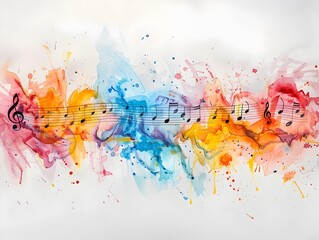 Fototapeta premium Vibrant Watercolor Music Notes Splashing Across a Soft Abstract Canvas Background with Elegant Flair