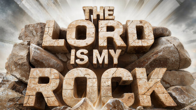 The Lord is my rock - Psalm 18:2. 3D stone text highlights stability, strength, and foundation. Biblical religious concept art for all your faith-based projects.