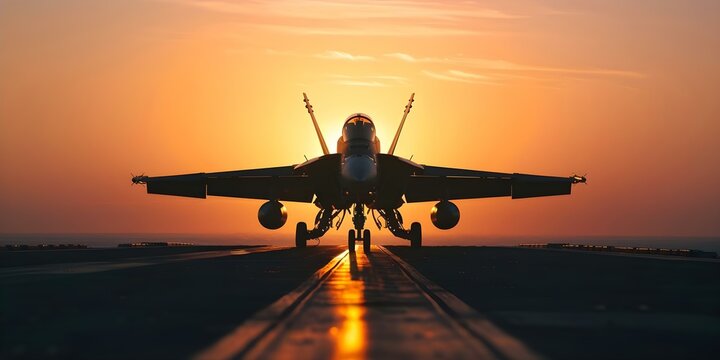 Silhouetted Jet Fighter at Sunset on an Aircraft Carrier Deck. Concept Military Aviation, Sunset Photography, Aircraft Carriers, Silhouette Photography, War Machines
