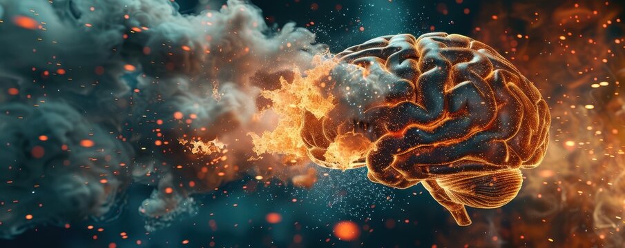 Concept art depicting a human brain exploding with knowledge and creativity, set against a dramatic, fiery backdrop. Perfect for educational and inspirational content.