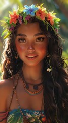 Naklejka premium Hawaiian woman with a whimsical flower crown