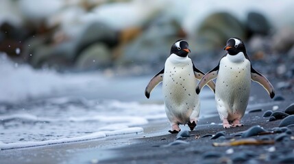 Pair of gentoo penguins walk along a beach with the ocean waves nearby, showcasing the serene and social aspects of wildlife in their natural coastal habitat.