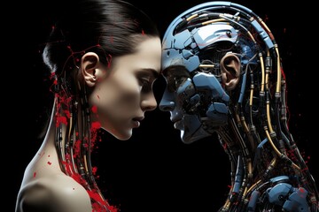 An artistic representation of a womans face combined with robotic elements, creating a juxtaposition of femininity and technology in a digital artwork.
