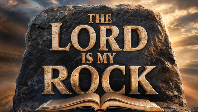 The Lord is my rock - Psalm 18:2. Represents stability, strength, and a firm foundation. 3D text made of stone symbolizing the lord. Biblical religious concept art. Ideal for any religious project.
