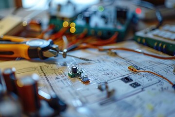 Naklejka premium Close-up of Electronics Components on a Circuit Diagram