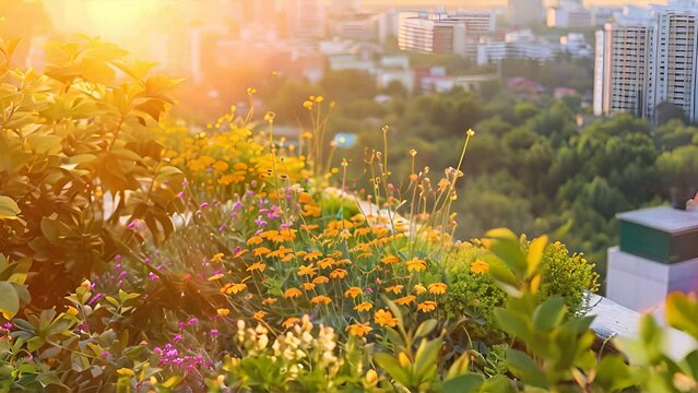 Beautiful flowers bloom on a rooftop garden in a bustling city. The sun sets over the cityscape, creating a serene and peaceful atmosphere