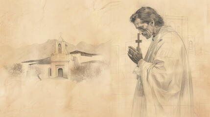 Naklejka premium Saint Juan Diego in deep prayer, holding a cross, serene church setting, piety and devotion, beige background, Biblical Illustration, copyspace