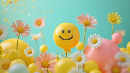 A cheerful scene with a yellow smiley face balloon surrounded by colorful daisies and other balloons against a light blue background.
