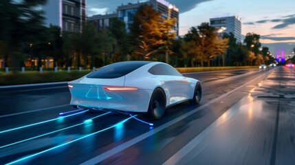 Fototapeta premium High-Tech Electric Vehicle on Smart Road in Urban Setting