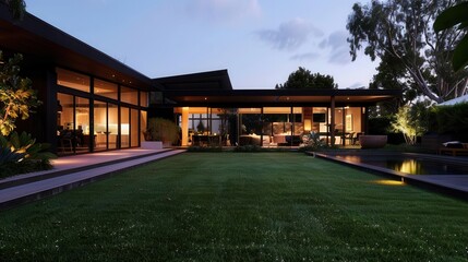 bioluminescent artificial grass emitting a soft glow at night surrounding a sleek australian home with seamless indooroutdoor integration