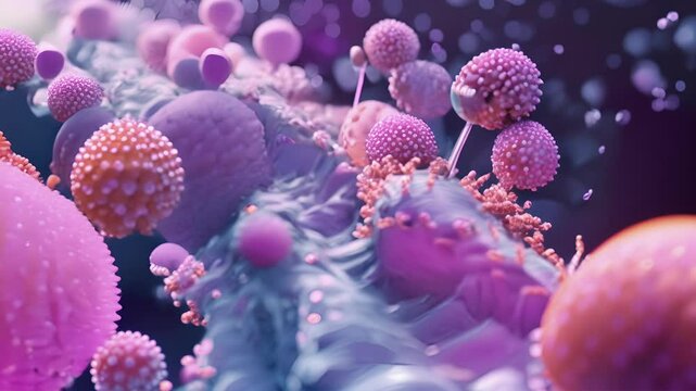 A detailed animation of cellular adhesion molecules at work actively binding and unbinding to facilitate the movement of white cells through vessel walls.
