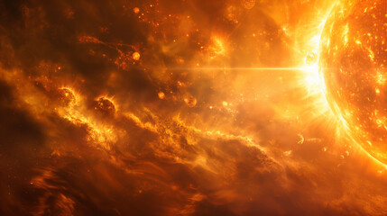 Close-up image of the sun's flaming surface, resembling a distant galaxy, planet or nebula, showing intense solar flares and glare, or global warming.