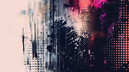 Distorted grunge layers with glitch effect. Design element for marketing materials and social media. Textured banner with distressed halftone dots for a screen print look.