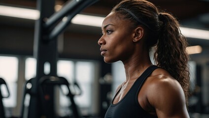 Fototapeta premium Side view of a fit black sportswoman standing in a gym