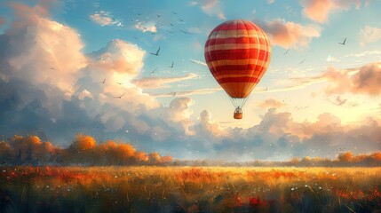Obraz premium Watercolor painting of a hot air balloon soaring above fields, copy space banner, whimsical sky background