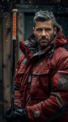 Canadian man with a hockey stick, looking ready