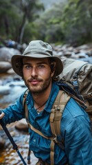 Fototapeta premium Australian man with hiking gear, looking adventurous