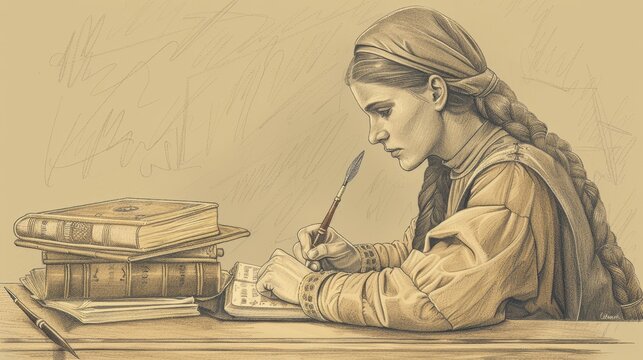 Saint Angela at Desk, Writing Spiritual Works, Biblical Illustration, Beige Background, Copyspace