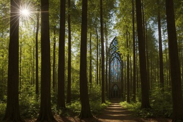 Obraz premium Stained glass window forest cathedral sunlight streaming Christianity woodland