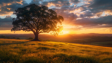 Fototapeta premium Landscape serene beauty of sunrise with silhouette majestic tree standing alone in sunlit meadow