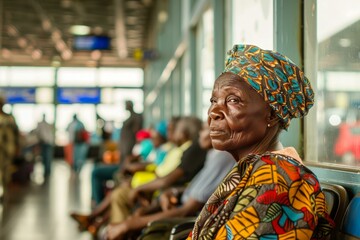 Pensive elderly woman with a colorful headwrap sits patiently in an airport, waiting for her flight