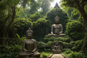 Buddha statue overgrown jungle ruins Buddhism impermanence