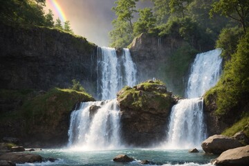 Baptism scene waterfall mist rainbow Christianity renewal