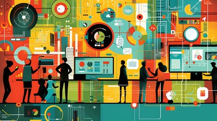 Obraz premium Business professionals developing technology strategies enhance growth efficiency and market leadership using datadriven design and informative graphics