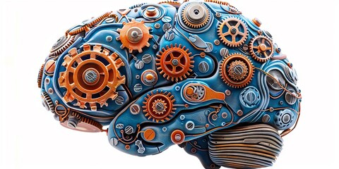 Fototapeta premium Intricate Steampunk Brain Model with Blue and Copper Gears in a Mechanical Composition