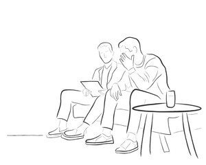 Hand drawn line art vector of a male psychotherapist with his patient in therapy.