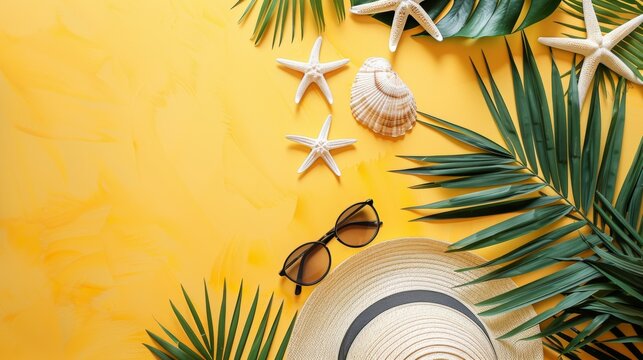 A travel set for summer beach with an isolated pastel yellow background, copy space