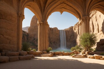Fototapeta premium Holy Grail waterfall oasis desert scene Christianity spiritual respite