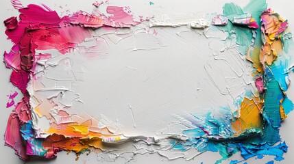 Abstract colorful oil paint brushstrokes border frame on white background.  Blank space for text or design. Art and painting concept.
