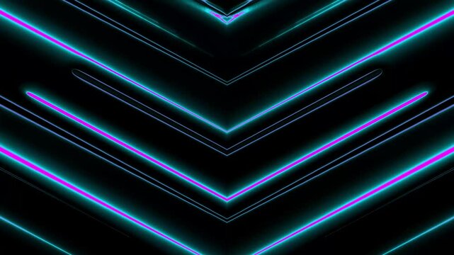 mirrored 2d flat animation with glowing neon lines in cyber punk style video effect. With noise around lights