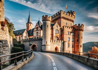 Obraz premium a wide stone road leading to a huge magnificent castle